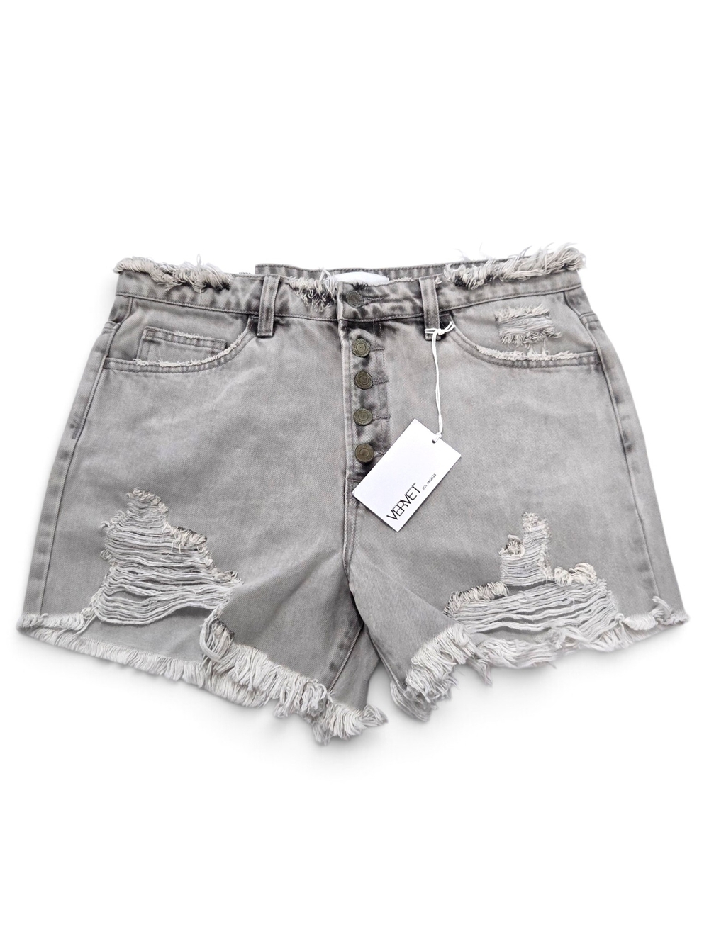 NWT VERVET by Flying Monkey Sienna High Rise Distressed Denim Shorts Grey Size L